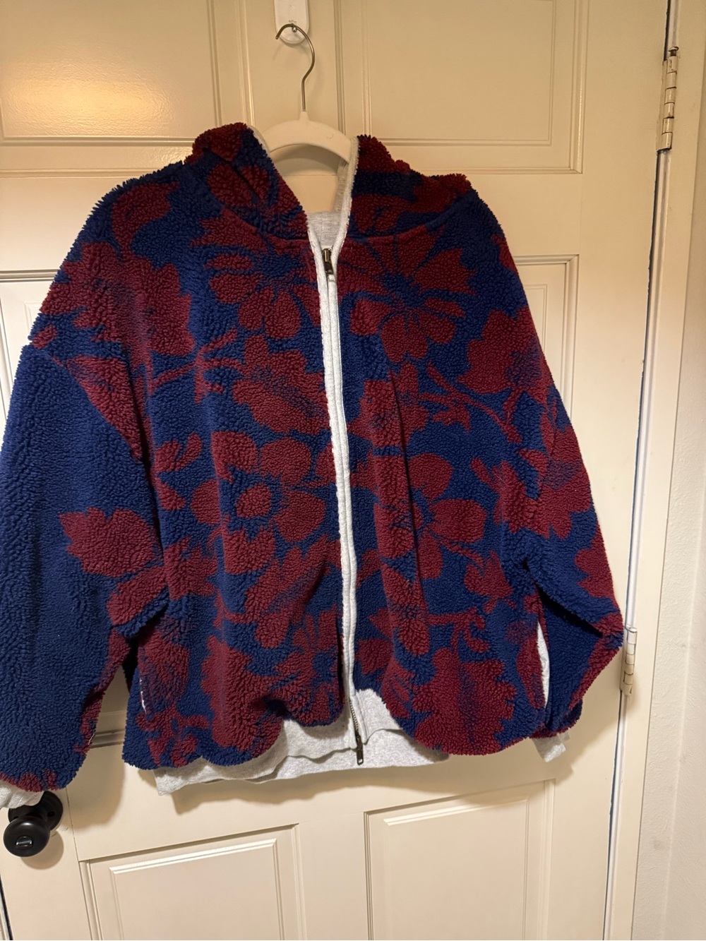 We The Free Canyon Moon Cardi Sherpa Zip Hoodie Jacket in Navy & Burgundy